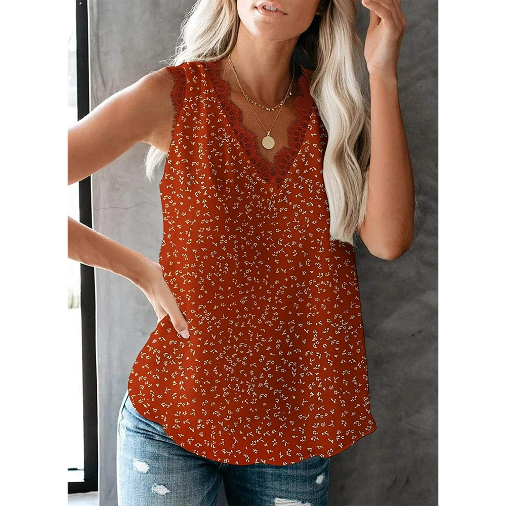 NWT Chiffon V-Neck Lace Sleeveless Blouse (Rust Red/Cream) - Anyjoin